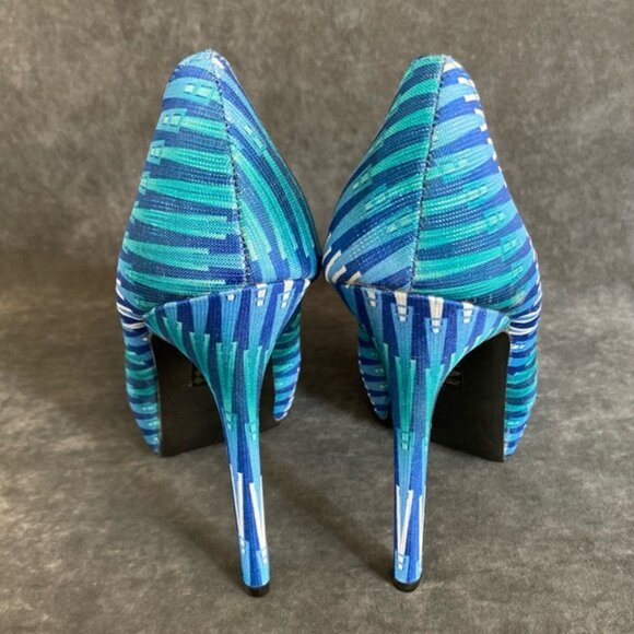 BLUE BROCADE STILETTO PLATFORM HEELS SHOES SIZE 7 M (SHOE REPUBLIC - CHEKER) - Picture 2 of 5